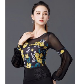 Yellow flowers floral ballroom latin dance bodysuits for women girls waltz tango flamenco foxtrot smooth dancing leotards tops jumpsuits